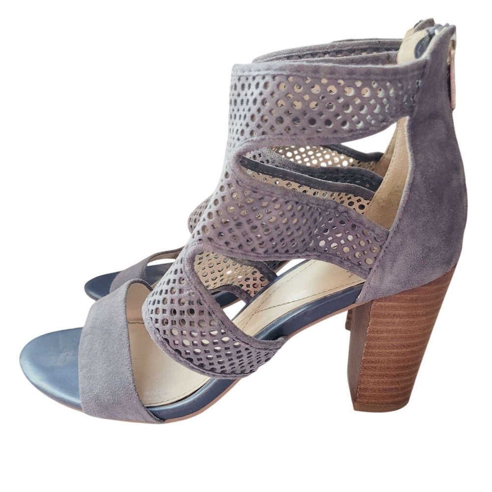 Isola Grey Suede Perforated Cage Sandals Block Heel Back Zip Womens 8.5 M - Picture 3 of 5